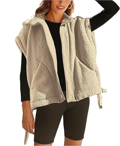 OPCAKM Women's Fuzzy Fleece Vest Oversized Sleeveless Sherpa Jacket Warm Button Down Gilet Outerwear with Pockets(Khaki-S) - Image 1