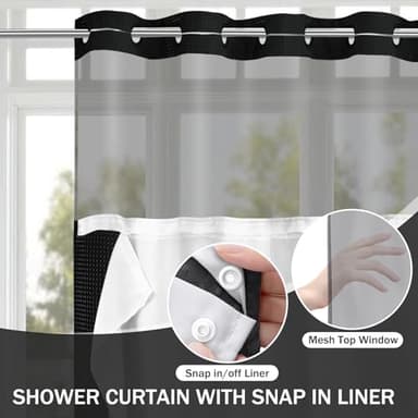 YellyHommy No Hook Shower Curtain with Snap in Liner Set Less Time Black Waffle Shower Curtain for Bathroom 75" L x 72" W - Image 3
