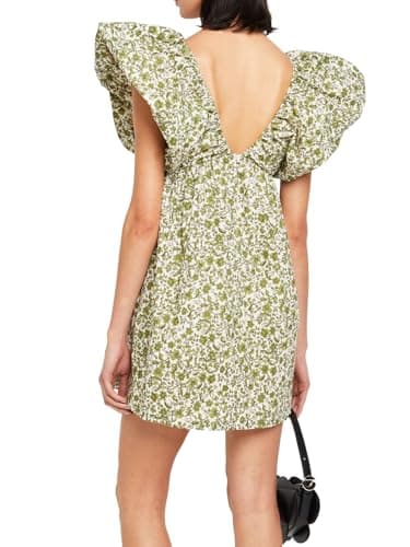hibshaby Women's Floral Print Mini Dress V Neck Puff Sleeve Dresses Short Babydoll Bow Dress XS - Image 3