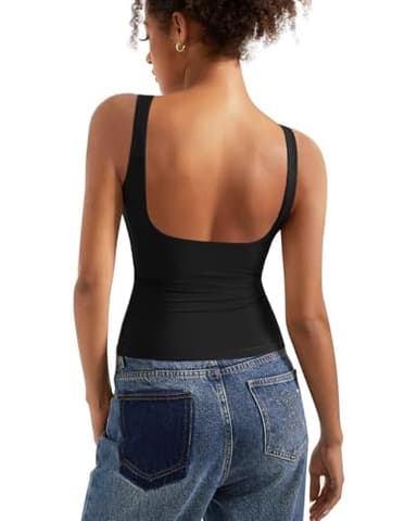 SUUKSESS Women Built in Bra Open Back Boat Neck Tank Tops Double Lined Backless Y2K Going Out Top Basic Shirt (Black,L) - Image 1