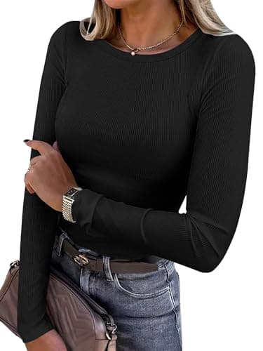 ANRABESS Women Long Sleeve Shirts Rib Knit Slim Fit Tops Basic Tee 2025 Fall Outfits Casual T-Shirt Underscrubs Layer Clothes Black X-Large - Image 1