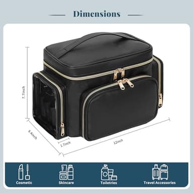 Bagmoly Large Makeup Bag, Portable Travel Makeup Bag Organizer for Women Girls with Makeup Brush Compartment & Two Side Pockets, Cosmetic Travel Bag Vertical Storage Toiletry Bag - Black - Image 6