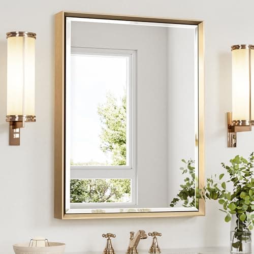 QueenFun Gold Bathroom Mirror, 24x32 Brushed Gold Bathroom Mirror Beveled Edge, Gold Framed Rectangle Bathroom Vanity Mirror, Anti-Rust Brushed Brass Metal Frame Wall Mirror Vertical/Horizontal - Image 1