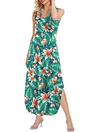 HUSKARY Floral Dress for Women Casual Loose Beach Dress Sleeveless Side Slit Maxi Dress with Pockets Green Flowers Small - Image 1