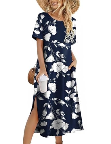 Zeagoo Shirt Dresses for Women 2025 Half Sleeve Sundresses O Neck Cover Up Navy Womens Flower Print Dress Long Maxi Dresses Casual Summer A Line Tshirt Slit Vacation Dress with Pockets Navy Floral XL - Image 1