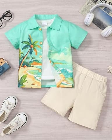 Coco&RARA Toddler Boy Clothes Baby Flamingo Hawaiian Outfits Short Sleeve Shirt + Elastic Waist Shorts Summer Beach Set(Coconut tree + Khaki, 3-4T) - Image 2