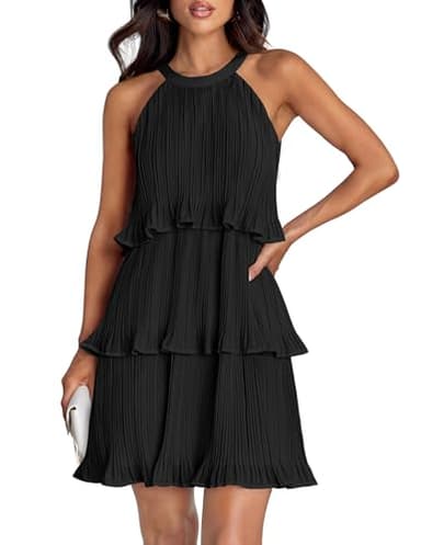 ZESICA Women's 2025 Summer Halter Dresses Sleeveless Ruffle Tiered Layered Chiffon Pleated A Line Swing Mini Dress,DarkBlack,Medium - Image 1