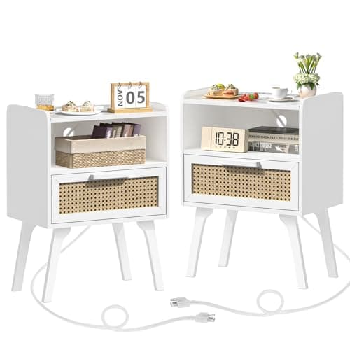 Lerliuo Rattan Nightstands Set of 2 with Charging Station, White Bedside Table with Drawer Open Shelf, Cane Accent Side End Table with Solid Wood Legs, Night Stand for Bedroom, Dorm and Small Spaces - Image 1