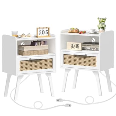 Lerliuo Rattan Nightstands Set of 2 with Charging Station, White Bedside Table with Drawer Open Shelf, Cane Accent Side End Table with Solid Wood Legs, Night Stand for Bedroom, Dorm and Small Spaces - Image 1