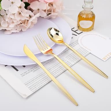 PULOTE 150PCS Gold Plastic Silverware Disposable - Heavy Duty Gold Plastic Cutlery - Gold Plastic Utensils Set Include 50 Knives,50 Forks,50 Spoons for Party&Wedding - Image 5