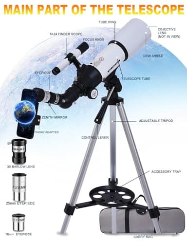 Uonol Telescope for Adults High Powered 70mm Aperture 400mm(16X-120X),Refractor Telescopes for Astronomy Beginners with Tripod,Phone Adapter,Carry Bag - Image 8