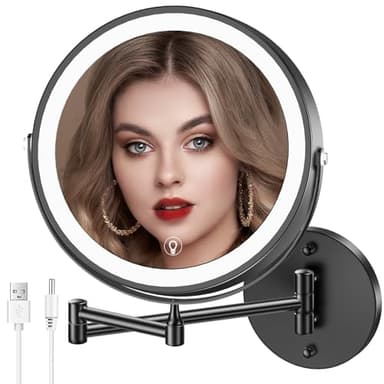 MNIENT Wall Mounted Lighted Makeup Mirror, 8" Rechargeable Double-Sided Light up Magnifying Mirror 1x/10x,3 Color Led Vanity Mirror with Lights,Touch Dimmable 360° Rotation Foldable-Black - Image 1