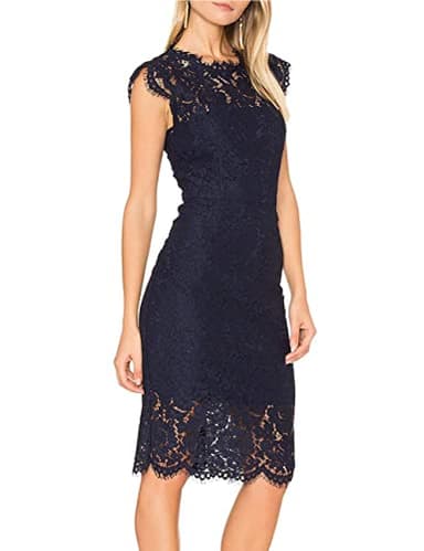 MEROKEETY Women's 2025 Lace Floral Midi Dresses Classic Elegant Party Dinner Photoshoot Dress, Navy, Large - Image 3