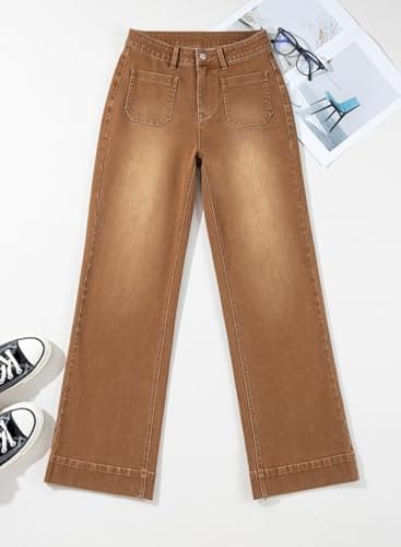 Astylish Women's Wide Leg Jeans High Waisted Stretchy Straight Leg Jeans Loose Denim Pants with Pocket Size 6 Brown - Image 4