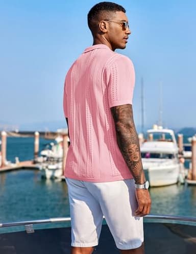 COOFANDY Men's Short Sleeve Shirts Knit Button Down Polo Shirt Casual Summer Beach Tops Light Pink - Image 3