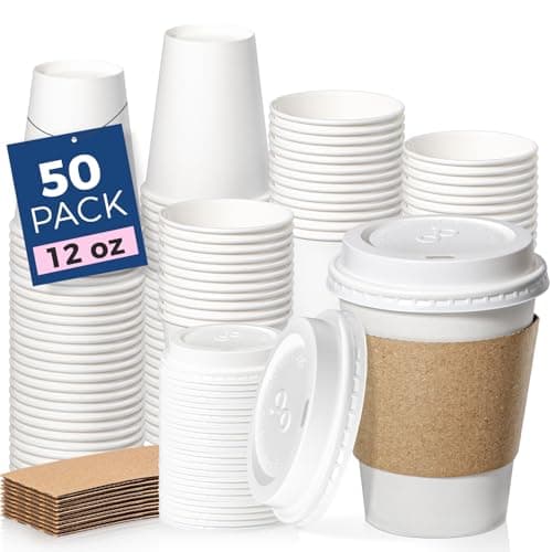 Fit Meal Prep 50 Pack 12 oz Disposable Coffee Cups with Lids, Sleeves, Leak-Proof To Go Coffee Cups with Lids, Durable Hot Paper Cups for Home, Office, Party, Business - Image 1