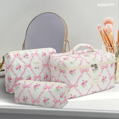 honitty Makeup Bag,Quilted Cosmetic Bag,Large Floral Make Up Bag for Women,Cotton Makeup Bag Set,Flower Travel Toiletry Bag - Image 5