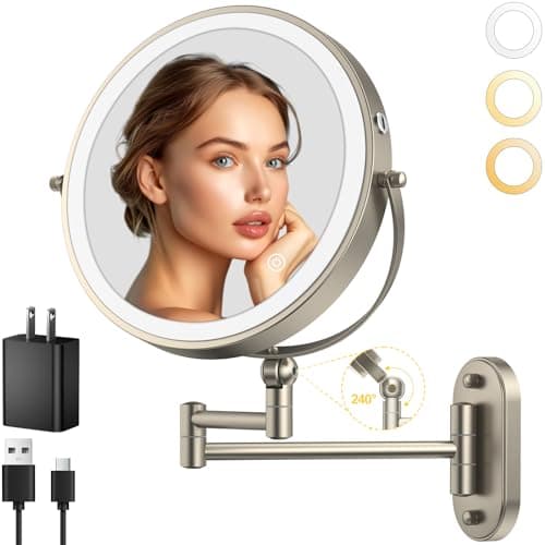 9" Wall Mounted Lighted Makeup Mirror,4000mAh Rechargeable Double Sided 1X/10X Magnifying Mirror with Light,3 Color Lights,Touch Dimmable,Extended Arm 360 Rotation Wall Mounted Makeup Mirror - Image 1
