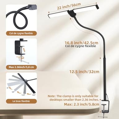 Led Desk Lamp for Home Office, Eye-Care Architect Light with Clamp, Smart Double Head Computer Monitor Table Clip Lamp, Adjustable Flexible Gooseneck, 25 Lighting Models, Task Lamp, Black - Image 2