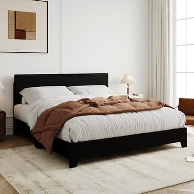 Allewie Full Size Bed Frame with Adjustable Headboard, Faux Leather Platform Bed with Wood Slats, Heavy Duty Mattress Foundation, No Box Spring Needed, Noise-Free, Easy Assembly, Black - Image 1