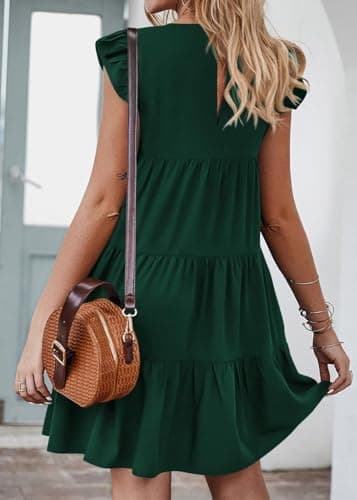 KIRUNDO Women's Summer Mini Dress Sleeveless Ruffle Sleeve Round Neck Solid Color Loose Fit Short Flowy Pleated Dresses (Dark Green, Large) - Image 5