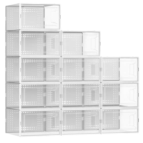 12 Pack X Large Shoe Organizer Storage Boxes for Closet, Modular Space Saving Shoe Boxes Clear Plastic Stackable Sneaker Containers Display Case with Lids, Pearl White - Image 1