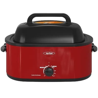 Sunvivi Roaster Oven, Electric Roaster Oven with Viewing Lid, 28lb 24-Quart Turkey Roaster with Unique Defrost/Warm Function, Large Roaster with Removable Pan & Rack, Stainless Steel, Red - Image 1
