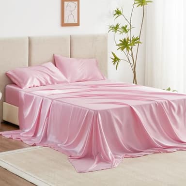 Love's cabin Satin Queen Sheets Set - 4 Piece Pink Silky Bed Sheets Set with Deep Pocket, Luxury Silk Feel Satin Queen Size Sheet Set (1 Flat Sheet,1 Fitted Sheet,2 Pillow Cases) - Image 1