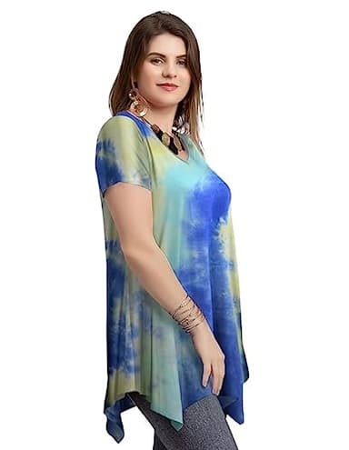 LARACE Tie Dye Shirt Women Casual Tops Plus Size V Neck Blouses Short Sleeve Summer Clothes Flowy Asymmetrical Tee(T04-Blue 1X) - Image 3