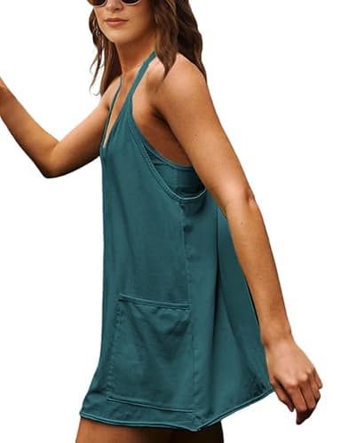 Zhiyouni Women's Summer Sleeveless Mini Dress V Neck Spaghetti Straps Athletic Built-in Shorts Sundress(DarkGreen-M) - Image 3