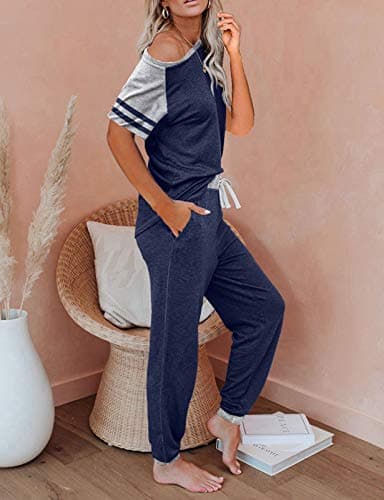 AUTOMET 2 Piece Lounge Sets For Women Summer Pajamas Two Piece Set Travel Outfits Lingerie Sleep Loungewear Matching Clothing Navy Blue L - Image 2