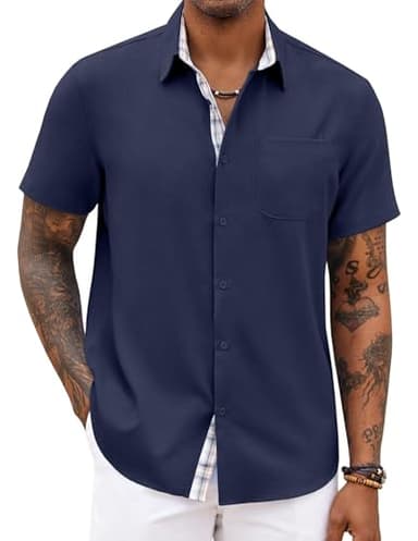 COOFANDY Men's Summer Shirt Short Sleeve Button Up Shirt Regular Fit Tropical Holiday Beach Shirts Navy Blue - Image 1