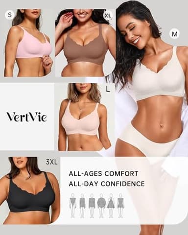 Vertvie Womens Seamless Bras No Underwire Supportive Wireless Push Up Full Coverage Bralette Comfort Scalloped T-Shirt Bra(White,Large) - Image 6