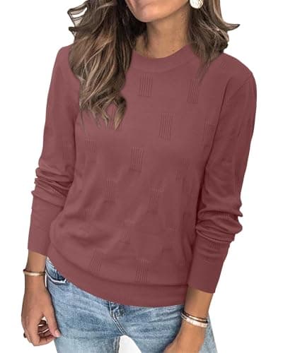 Arach&Cloz Womens Fall Tops 2024 Fashion Long Sleeve Shirt Crew Neck Lightweight Knit Pullover Sweater Blouse Dusty Red - Image 1