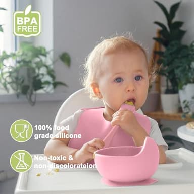 Munlinder Silicone Baby Feeding Set | Baby Led Weaning Supplies Includes Suction Bowls and Divided Plates, Adjustable Bib, Baby Utensils Spoons and Forks,Cup | Baby Feeding Essentials (Pink) - Image 2