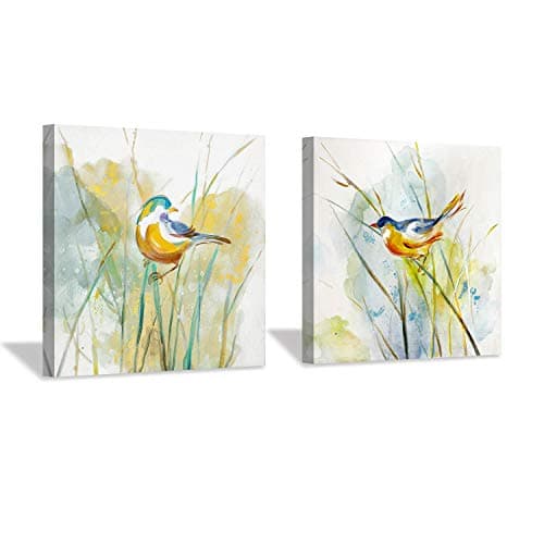 Hardy Gallery Abstract Birds Picture Wall Art: Colorful Animal Birds & Grass Painting Canvas Print Artwork for Wall (12” x 12” x 2 Panels) - Image 1