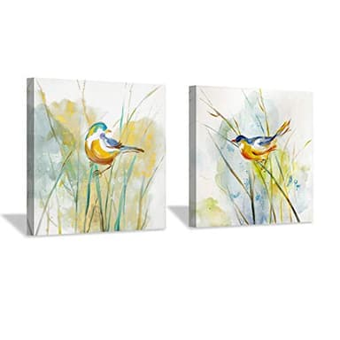 Hardy Gallery Abstract Birds Picture Wall Art: Colorful Animal Birds & Grass Painting Canvas Print Artwork for Wall (12” x 12” x 2 Panels) - Image 1