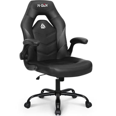 N-GEN Video Gaming Chair Ergonomic Computer Desk Office Chair with Lumbar Support Adjustable Height Swivel Wheels Flip-Up Arms PU Leather Home and Office (Black) - Image 1