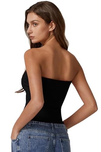 QINSEN Tube Tops for Women Off Shoulder Strapless Crop Tops Foldover Going Out Bustier Tops Black M - Image 2