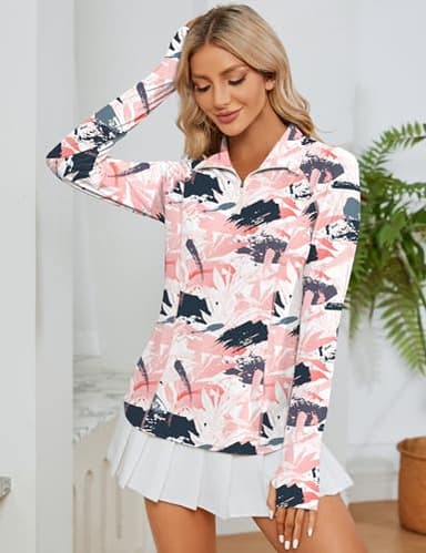 LOMON Women Long Sleeve Shirts Sun Protection 1/4 Zip Summer Quick Dry Hiking Shirts Quarter Zip Pullover Pink Leaves L - Image 6