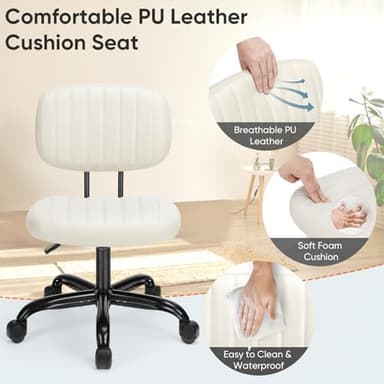 DUMOS Armless Home Office Desk Chair -Small Ergonomic with Low Back Lumbar Support, Height Adjustable PU Leather Computer Task with 360° Swivel Rolling Wheels, for Small Space, Beige White - Image 4