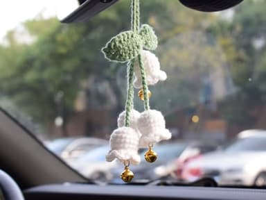 Aiouclay Handmade White Lily of The Valley Car Charm - Knitted Floral Rearview Mirror Pendant & Keychain for Women, Mothers Day Gifts, Home & Auto Decor (Elegant White, Adjustable Length) - Image 2