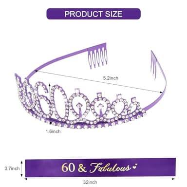 CIEHER 60th Birthday Crown and Sash - Purple 60th Decorations Women's 60 & Fabulous Sash - Image 5