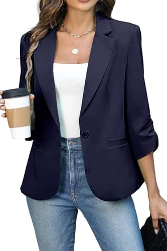 ELLEVEN Womens Blazer Business Casual Suit Jacket Slim Fit Fitted Ruched 3/4 Sleeve Petite Crop Blazer Dressy Full Lining Lightweight Outfits Coat Cardigan with Padded Shoulder Navy Blue X-Large - Image 1