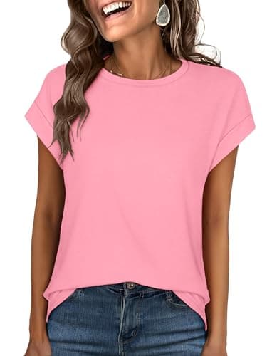 ANRABESS Womens Tops Summer Cap Sleeve Basic Tee Shirts 2025 Trendy Loose Fit Casual Dressy Business Work Tshirts Clothes Pink Large - Image 1