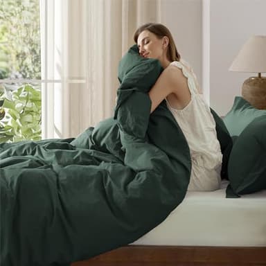 Bedsure 100% Washed Cotton Duvet Cover Queen Size - Forest Green Minimalist Cotton Duvet Cover Linen Like for All Seasons - GentleSoft™ Plain Simple Bedding (Forest Green, Queen, 90"x90") - Image 6