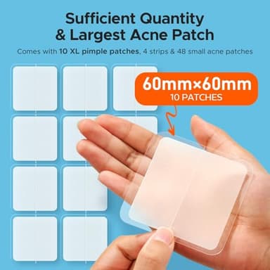 TKTK Large Pimple Patches, 60 mm XL Acne Patches, Big Hydrocolloid Bandages for Body, Face, Forehead, Chin, Neck Zit Breakouts, Hydrocolloid Patch (Square, Strip, Dot 5 Sizes 62 Count) - Image 2