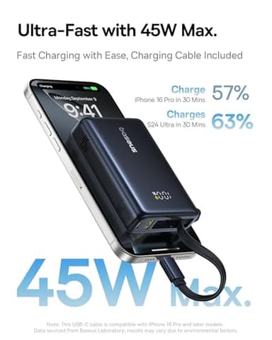 Baseus Power Bank, Picogo 10000mAh 45W 3-Output Portable Charger with Built-in USB-C Cable, PPS/PD QC Fast Charging External Battery Pack for iPhone 17/16/15/14/13, Samsung S25/S24, MacBook Pro, iPad - Image 2