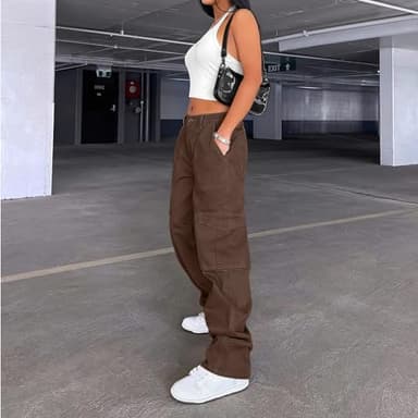 Women's High Waist Jogger Pants Casual Cargo Elastic Waistband Sweatpants Dark Brown - Image 3