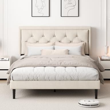 CXVX Queen Size Platform Bed Frame with Upholstered Velvet Button Tufted Headboard, Mattress Foundation with Wooden Slat Support, No Box Spring Needed, Easy Assembly, Noise Free, Beige - Image 4